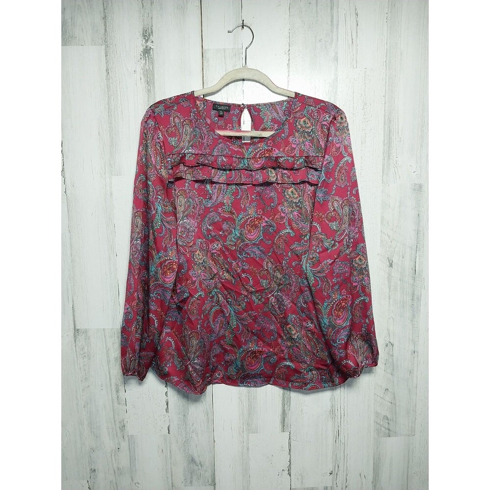 Talbots Women’s Red Ruffle Long Sleeve Paisley Blouse Top Satin Soft 1XP